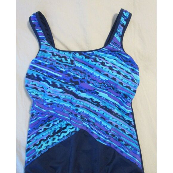 LANDS END Navy Blue Print Sz 10 Tugless Shelf Bra Soft Cup Lined 1 Pc Swimsuit - Picture 6 of 7